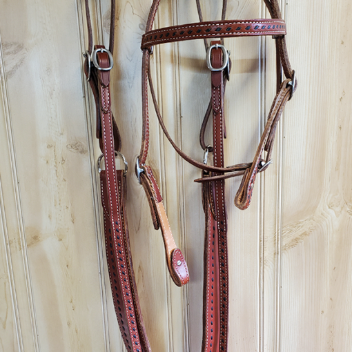 Custom bridal leather headstall, Breastcollar, and 8-foot reins with black kangaroo buck stitch.