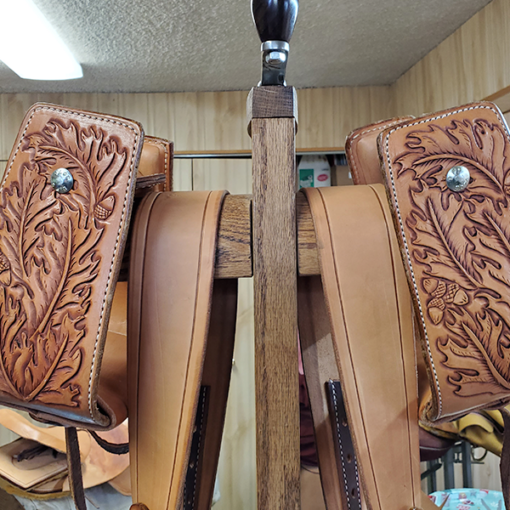 Custom hand carved oak leaf overshoe stirrups