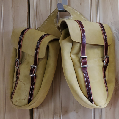 Custom made tan deep pocket horn bags with stainless steel hardware