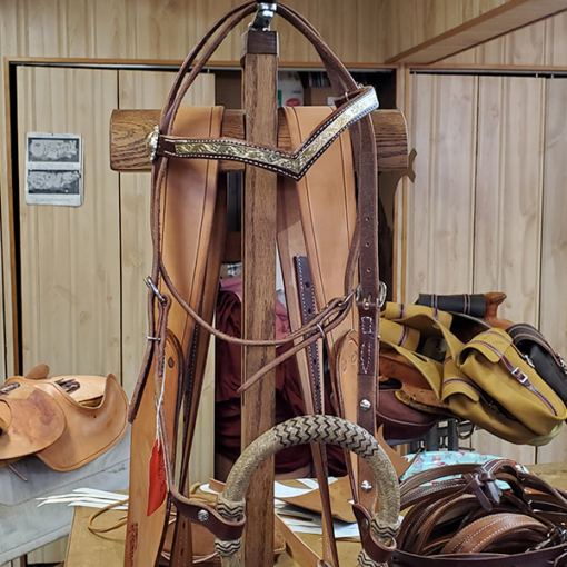 Custom V Silver Brow Band headstall with 32 plate bozell and horse hair mecate with silver buckles